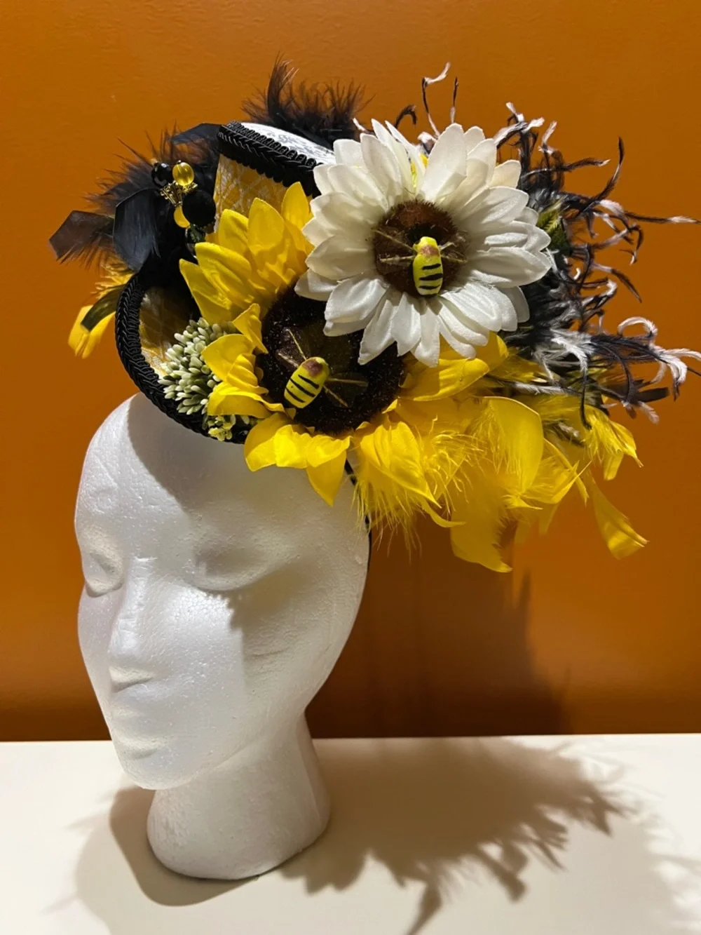 Custom Made Bumble Bee Kentucky Derby Fascinator Hat, Yellow Black Mini Top Hat - Picture 3 of 13